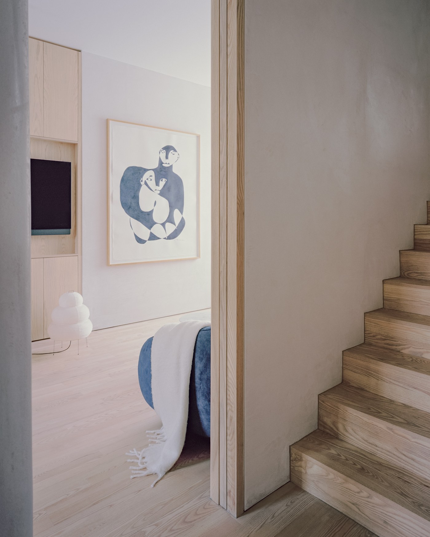 Caithness Road W14 — an ash door standing open in the panelling to reveal a concealed staircase