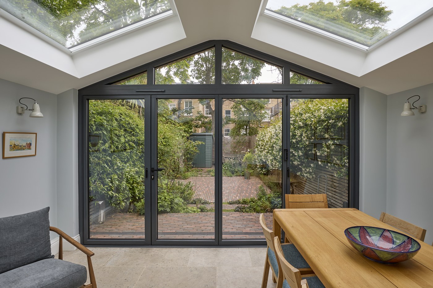 Glazed gable end and aluminium doors to the rear extension at Ceylon Road, Brook Green