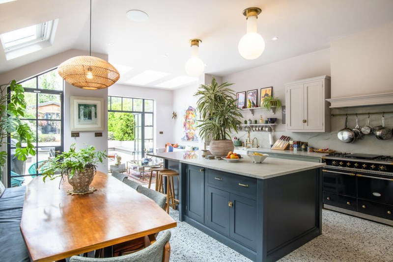 Kitchen and dining area at Chevening Road lit by rooflights
